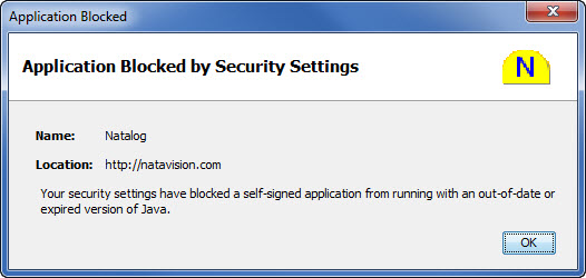 Picture of Natalog error message due to old version of Java