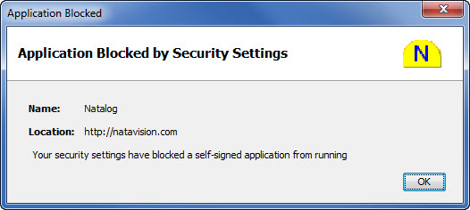 Picture of Natalog error message due to tight Java security settings