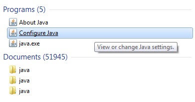 Start menu with Configure Java