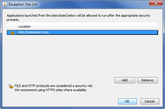 Exception Site List in Java Control Panel