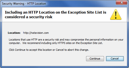 Exception Site List warning in Java Control Panel
